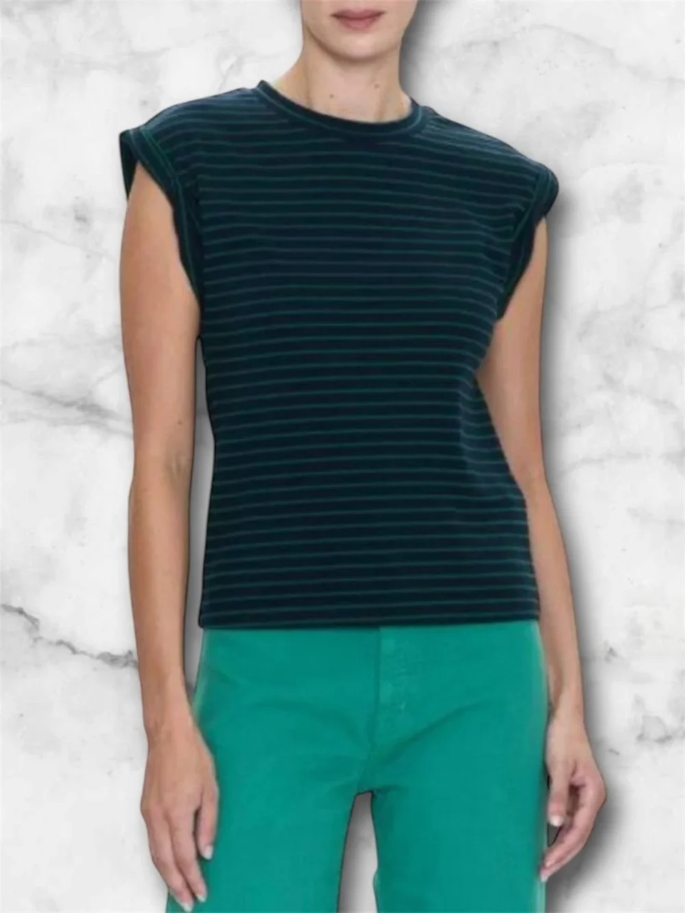 Pistola Olivia Twisted Sleeve Marina Striped Navy Green Muscle Tee Shirt Size M - Picture 5 of 10